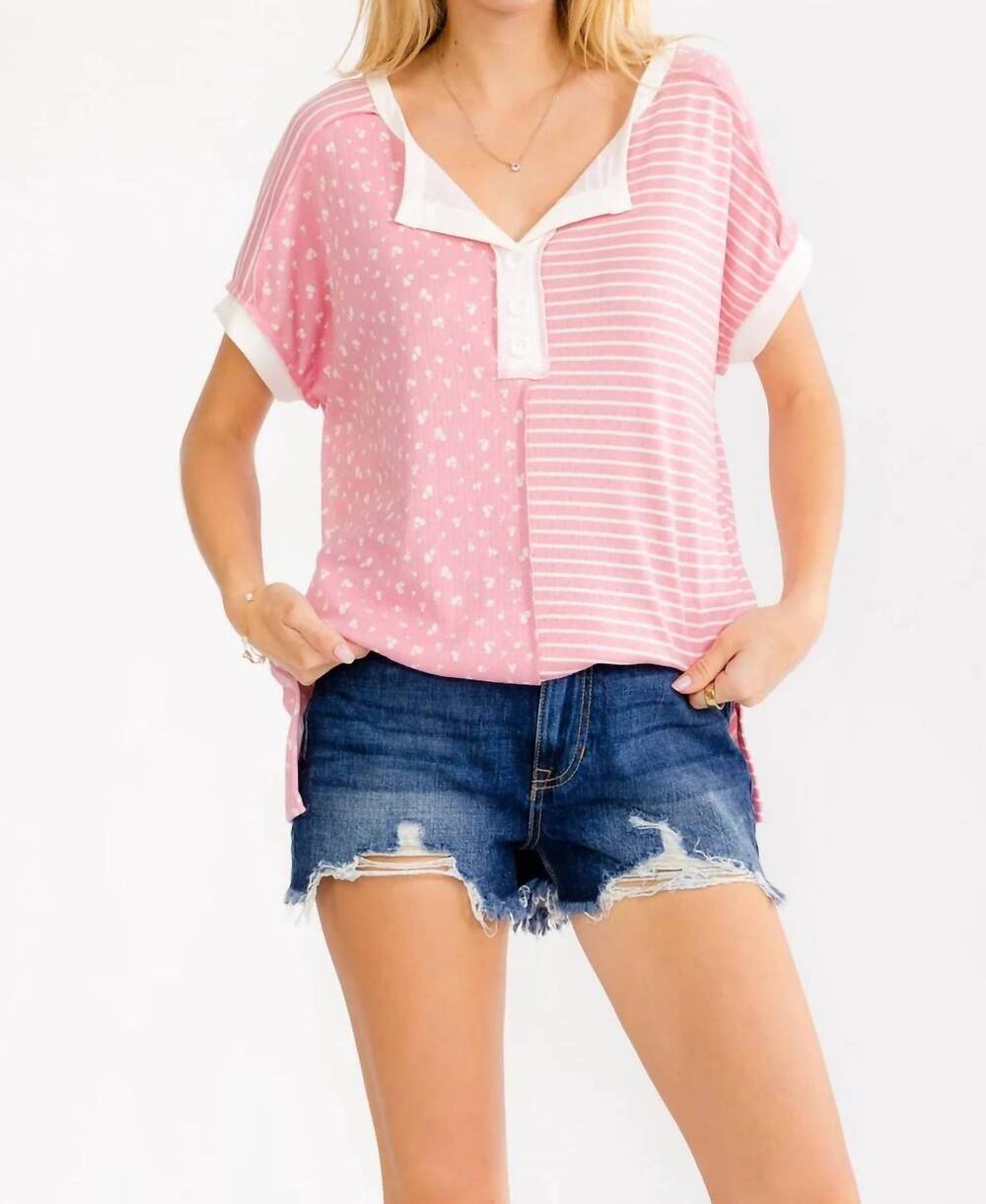 NEW 7TH RAY mixed print henley top in floral